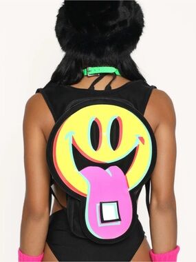 iHeartRaves Neon Yellow Smiley Face Backpack with Pink Tongue